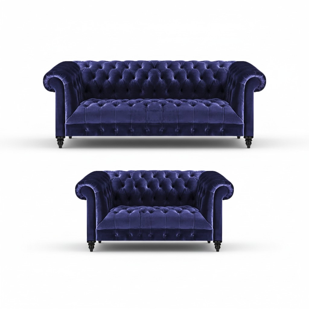 Chesterfield design luxury upholstery blue 2x sofas couch seat set living room