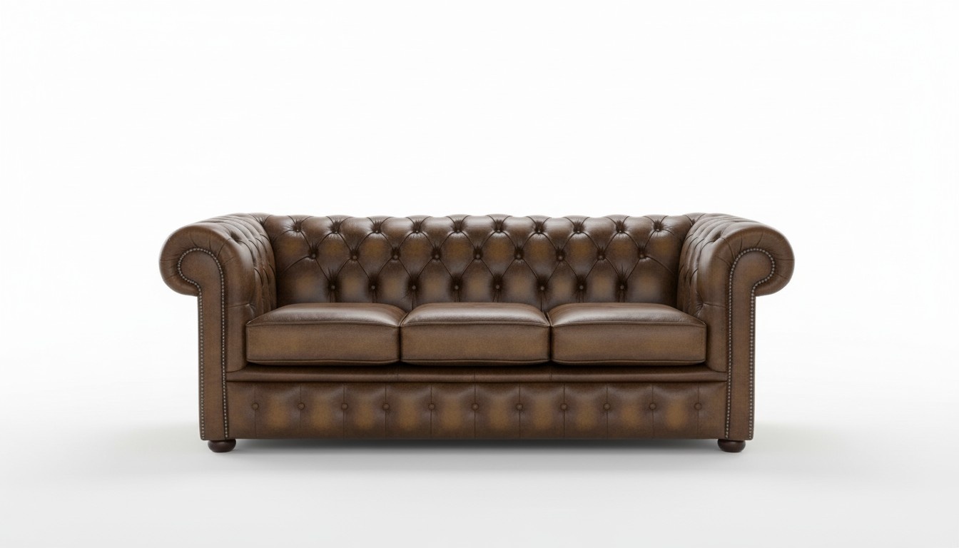 Classic Chesterfield Sofa 3-Seater Brown Faux Leather Shiny Upholstery Comfortable Couch