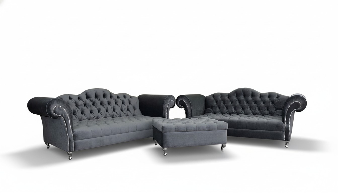 Chesterfield XXL Sofa Set 4+3-Seaters + Stool Upholstered Premium Faux Leather Black Grey New