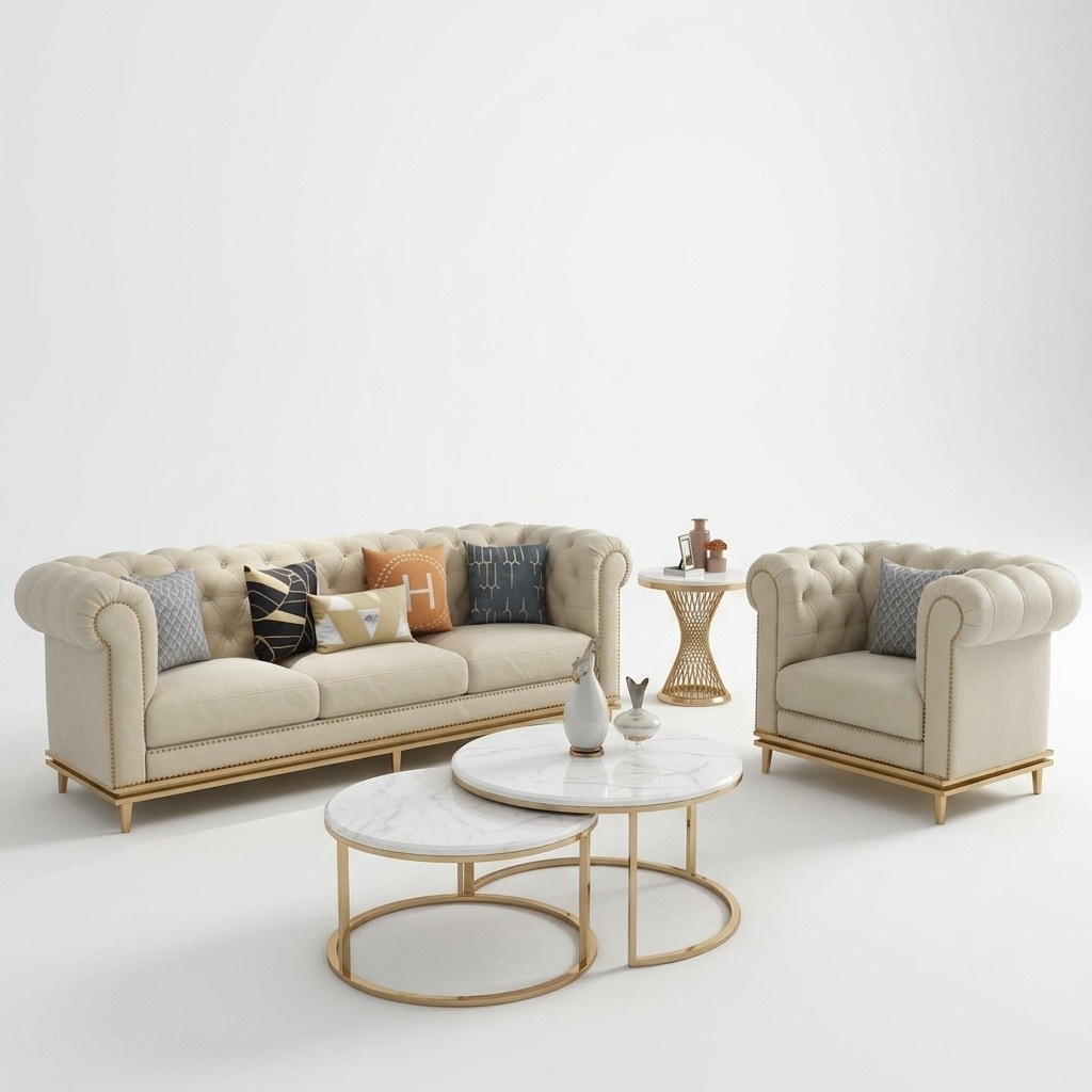 Chesterfield fabric sofa couch upholstered sofa set 3 pieces. Living room coffee table