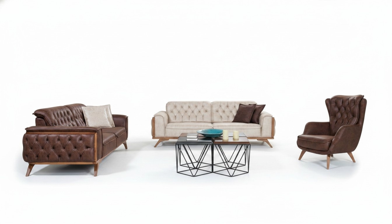 Chesterfield faux leather set Modern three-seater designer armchair 3 pieces