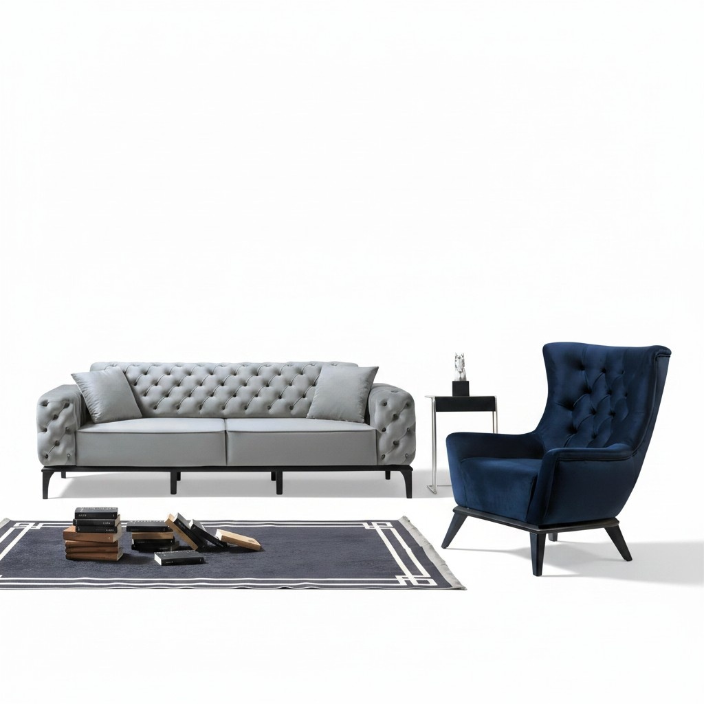 Chesterfield Gray-Blue Sofa Set Modern 3-Seater Luxury Single Seat