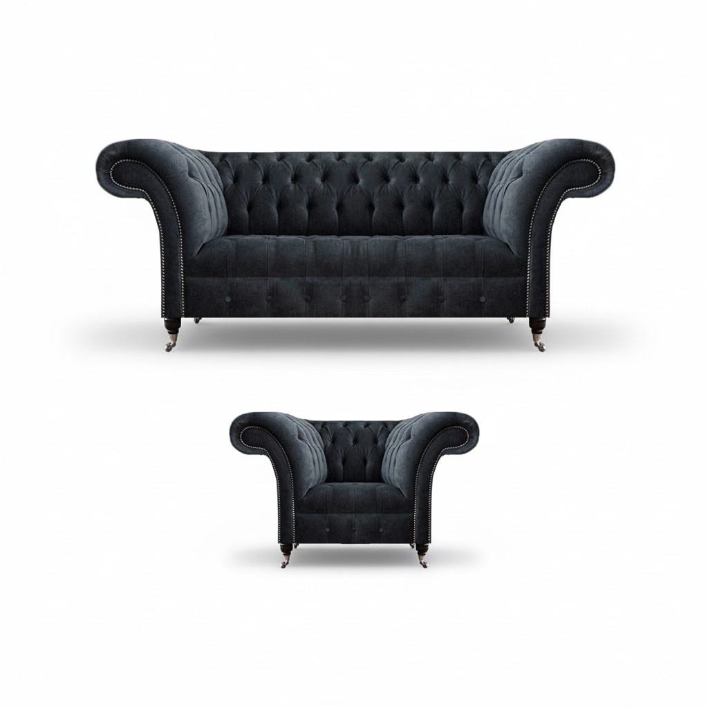 Chesterfield Gray Sofa Set 3+1 Seater Fabric Luxurious Modern Living Room