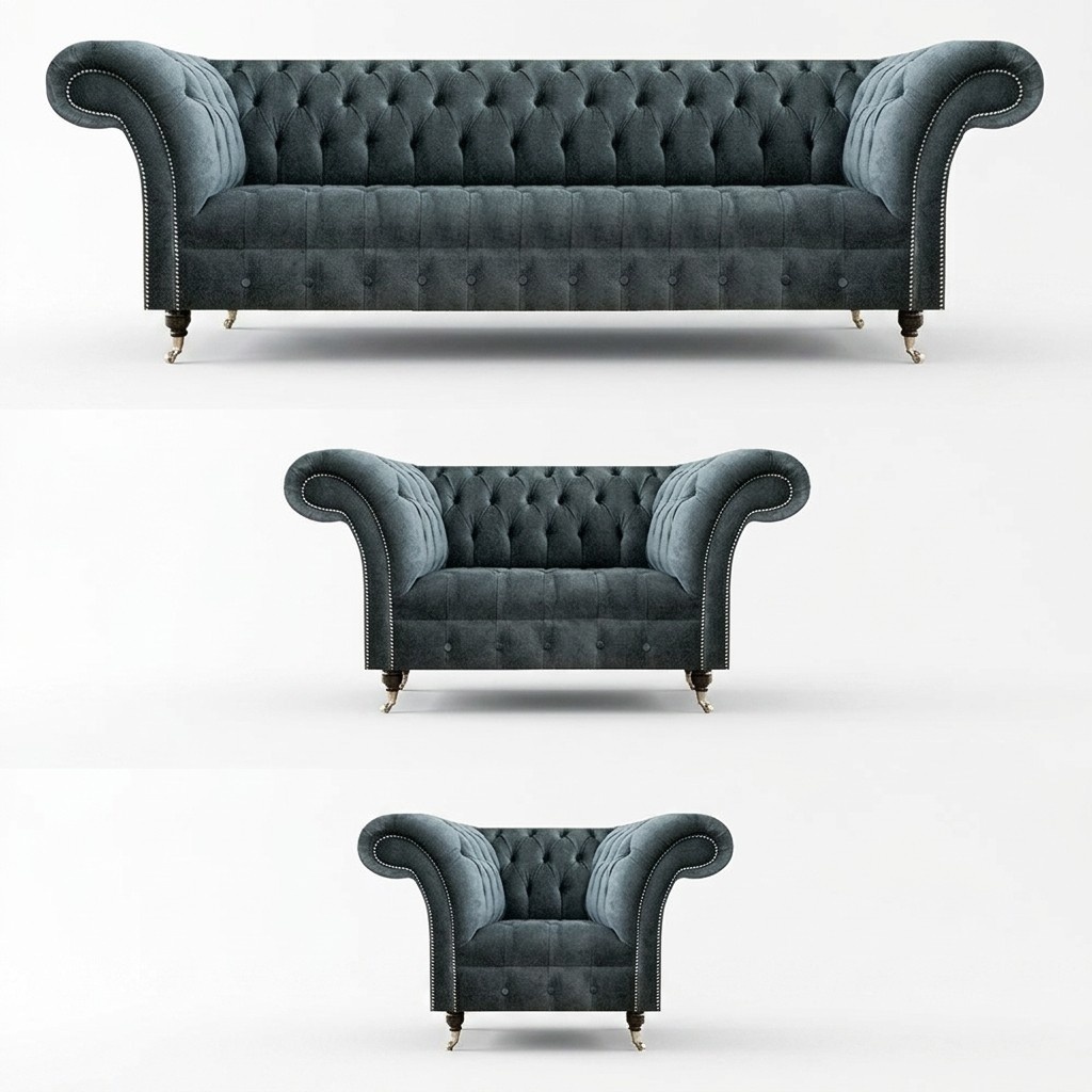 Chesterfield Gray Couch Set Designer Upholstered Sofas Elegant Armchair
