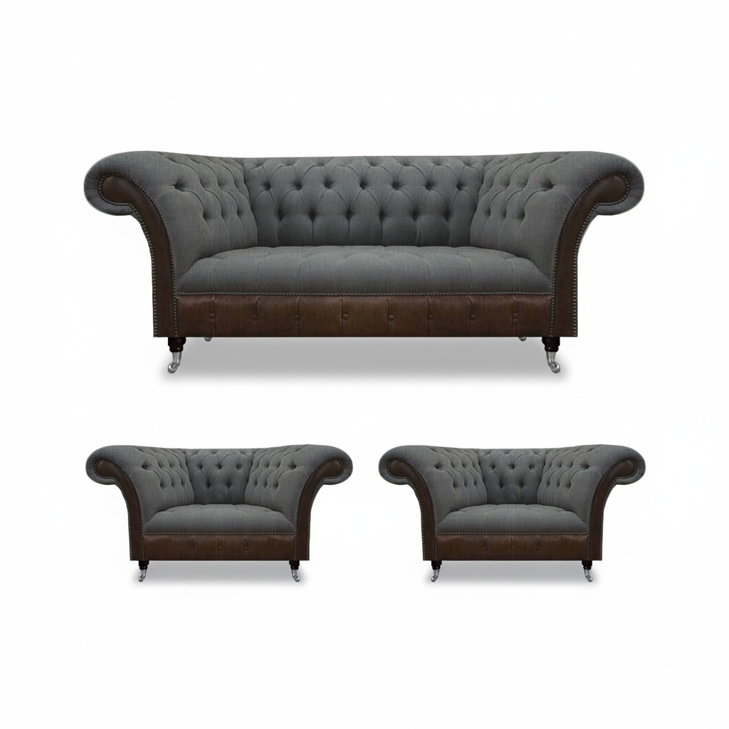 Chesterfield Gray Sofa Set Living Room Couches 3-Seater 2x Armchairs