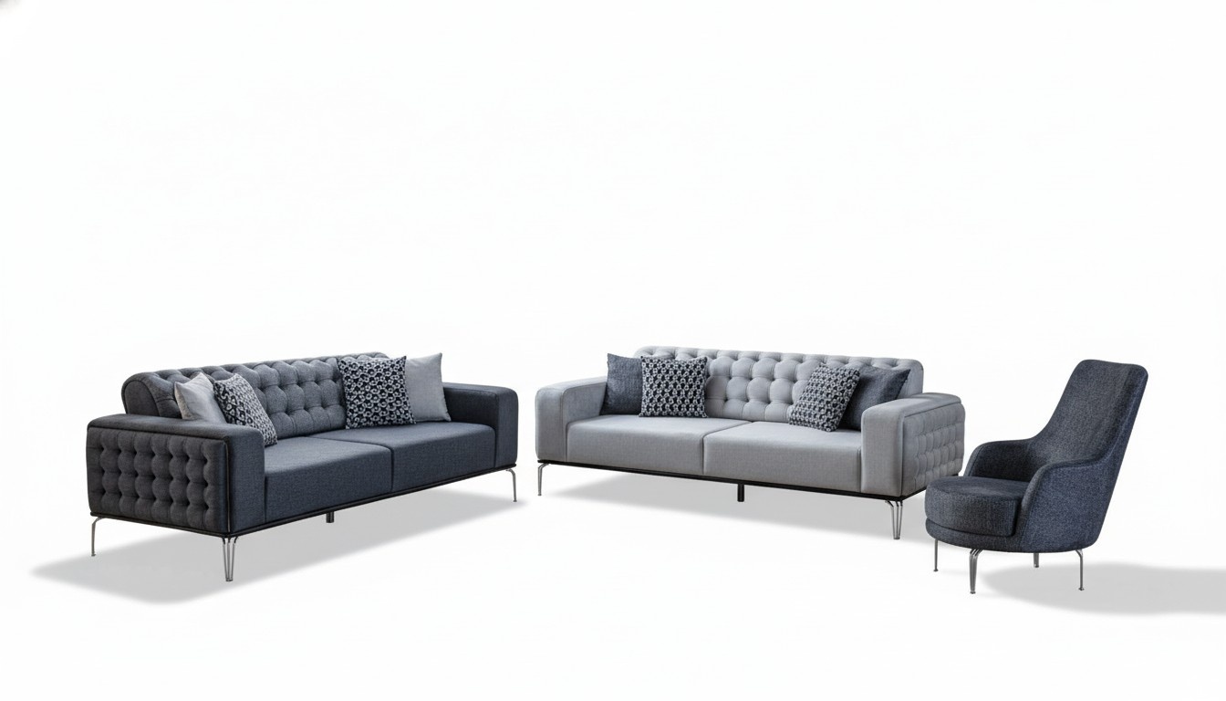 Chesterfield Grey Sofa Set Living Room Couches Three Seater + Armchair