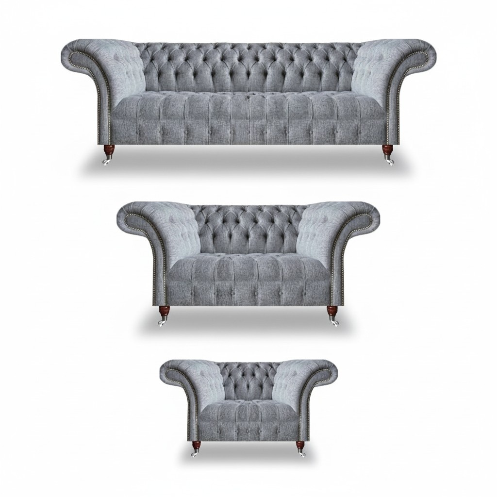 Chesterfield Gray Sofas Complete 3-Piece Armchair Design Furniture Sofa Set
