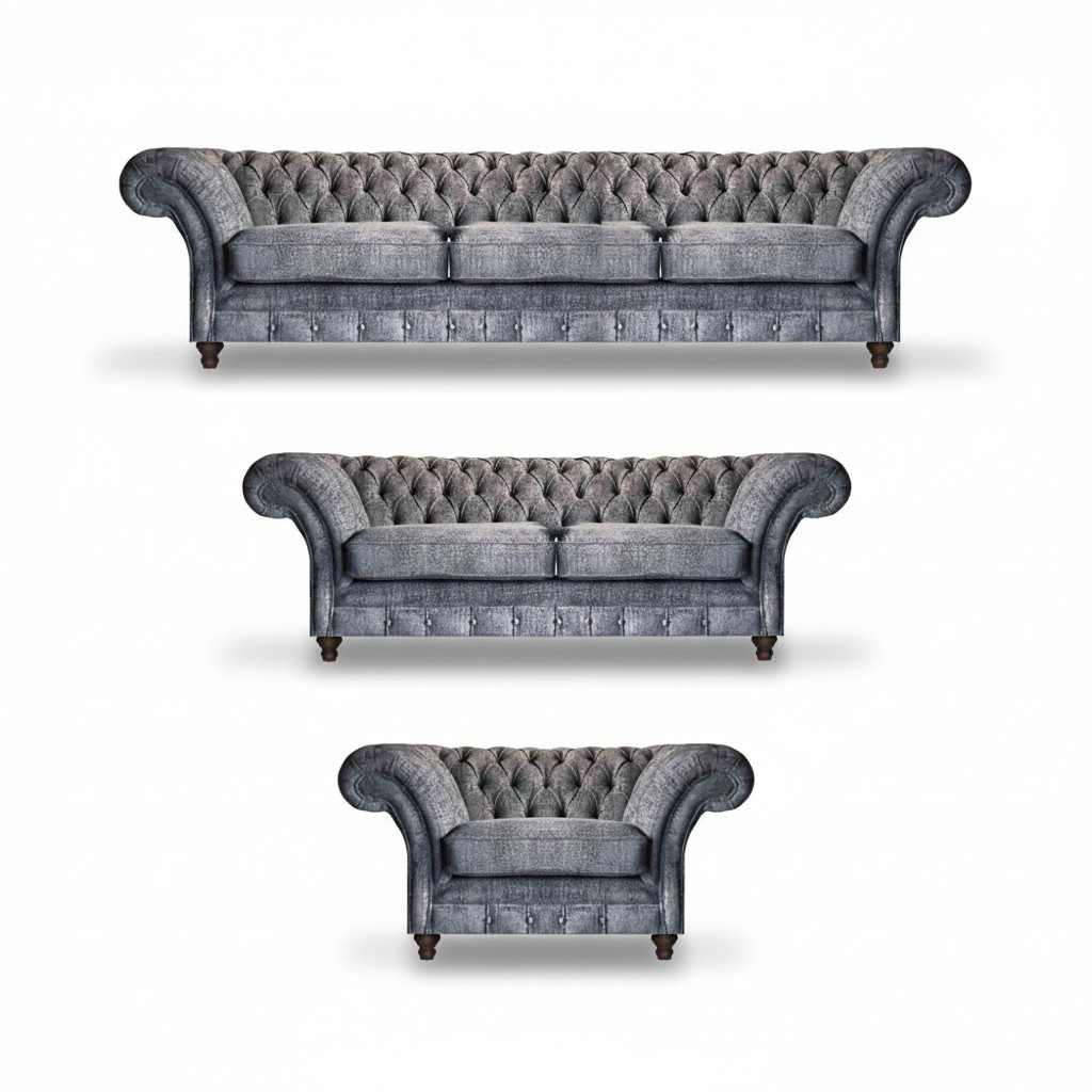 Chesterfield Grey Textile Set Living Room Sofas Designer Couches