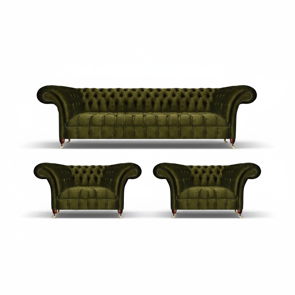 Chesterfield Green Sofa Set 3pc Luxury Complete Textile Sofas New Furnishings