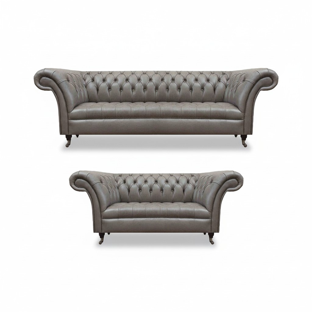 Chesterfield Gray Leather Couch Designer Living Room Upholstered Seating Furniture