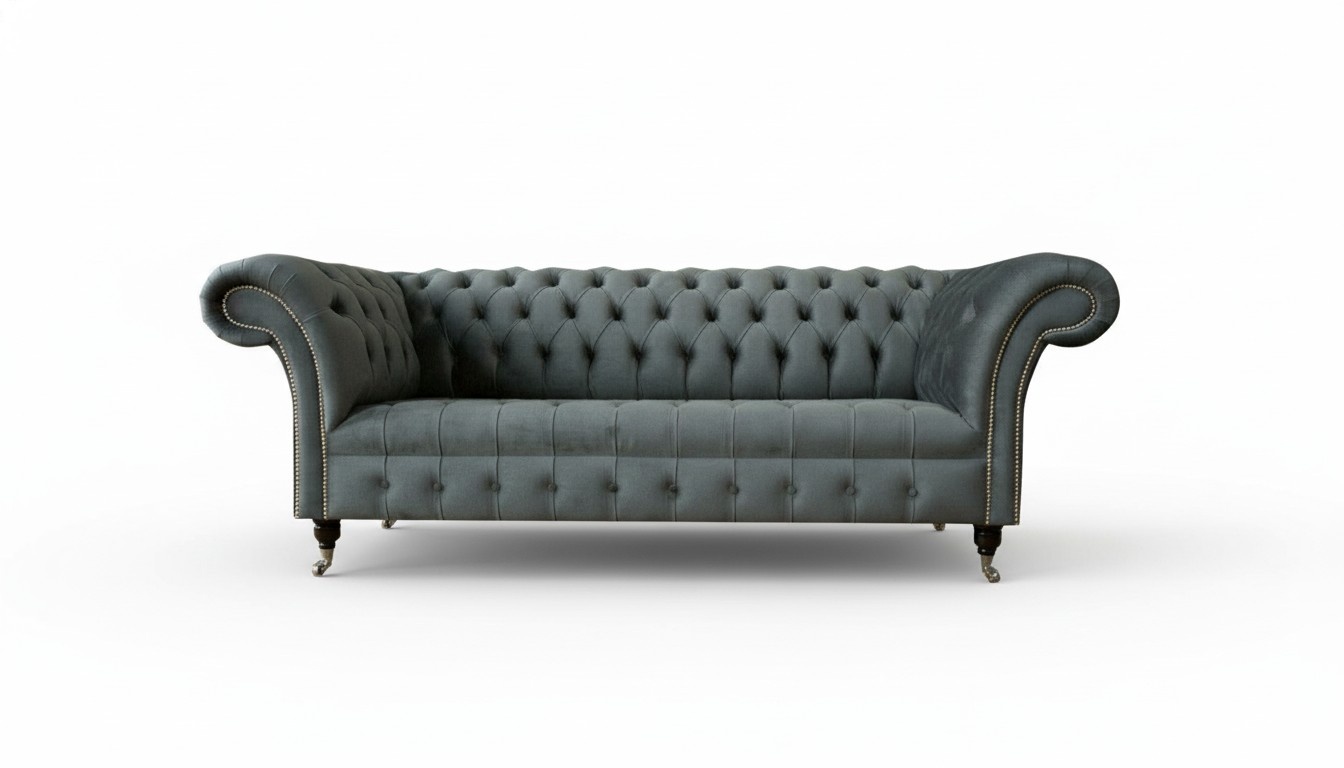 Chesterfield Gray Fabric Couch Sofa Upholstered Three-Seater Three-Seater Sofas