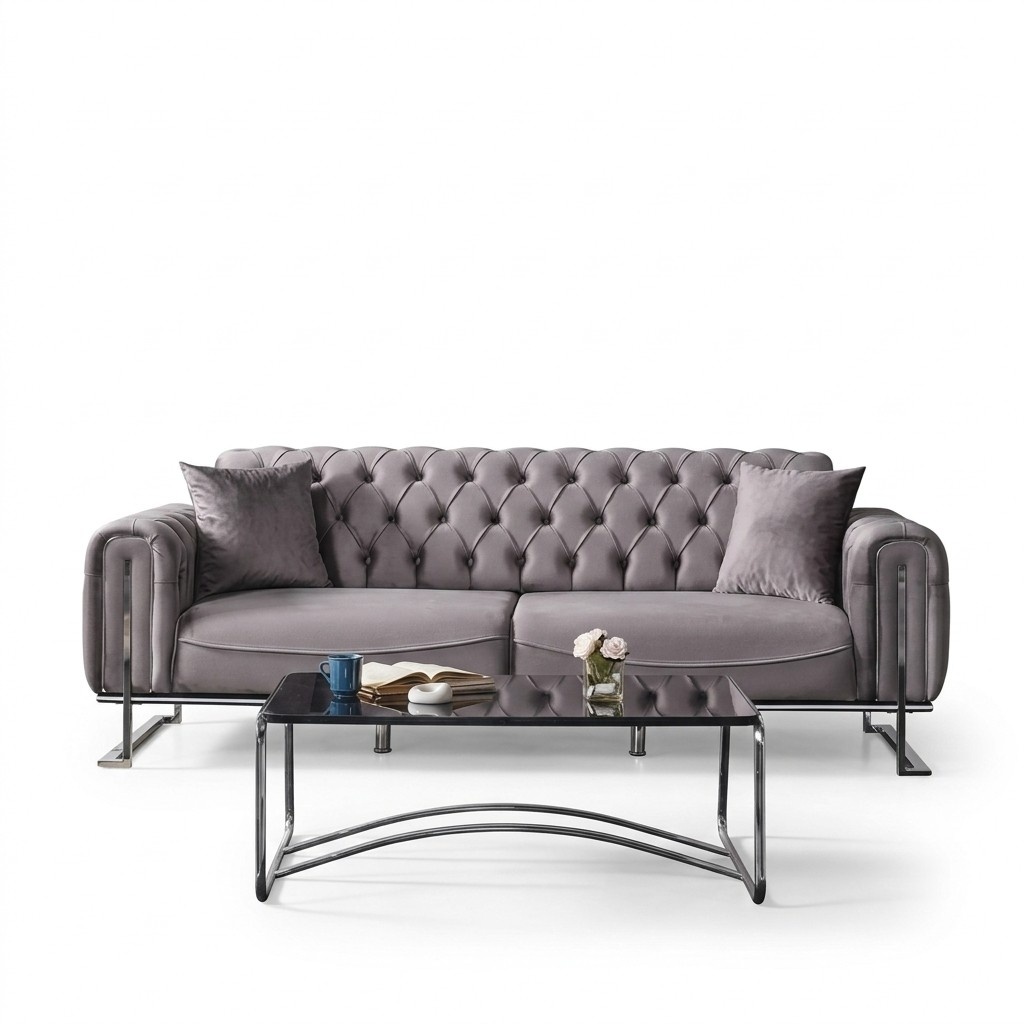 Chesterfield Gray Textile Upholstered Sofa Modern Design 3-Seater Luxury Couch