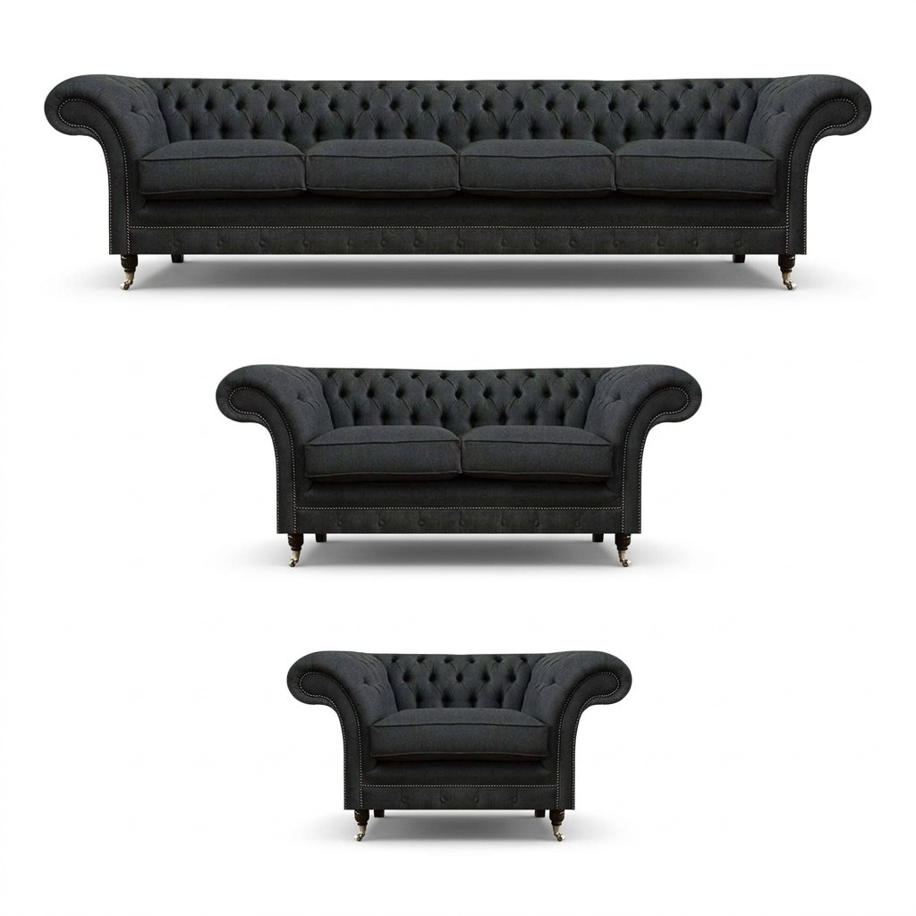 Chesterfield gray upholstered furniture living room seating armchairs sofas