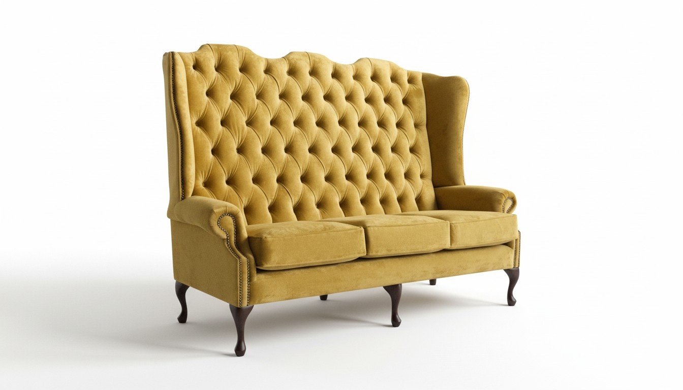Chesterfield Sofa 3-Seater Tall Backrest Yellow Textile Upholstered Bench Type Couch New