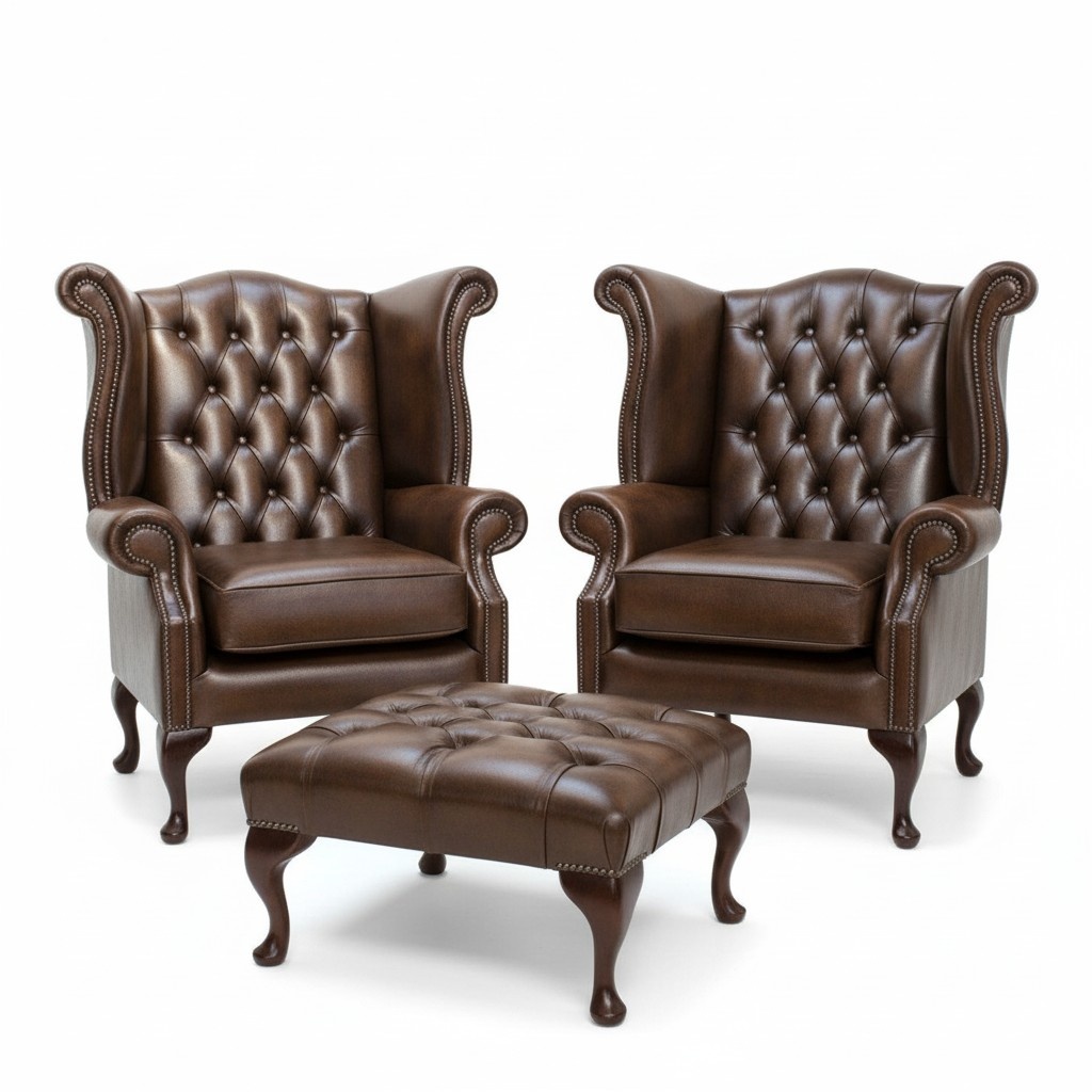 Chesterfield leather lounge chair set wing chair x 2 + stool set leather