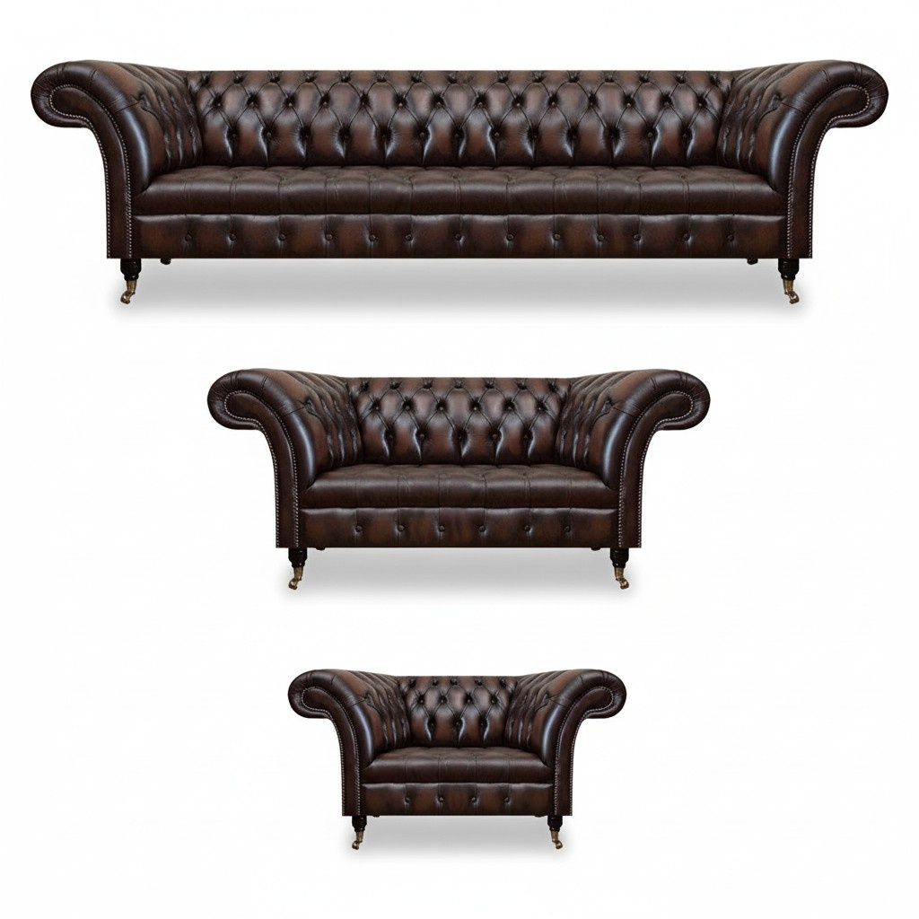 Chesterfield Leather Brown Living Room Upholstered Furniture Sofas Set Luxury Furnishings