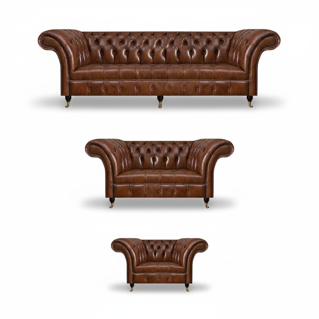 Chesterfield Leather Sofas Brown Complete Sofa Set Luxury Seating Furniture 3-piece