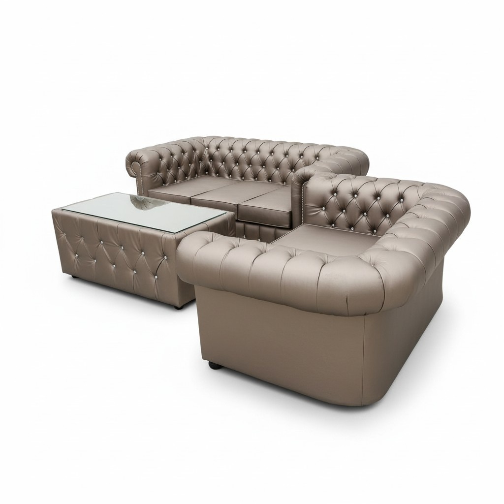 Chesterfield Sofa set 3+2 Seaters + Coffee Table Faux Leather Gold Glass New Living Room