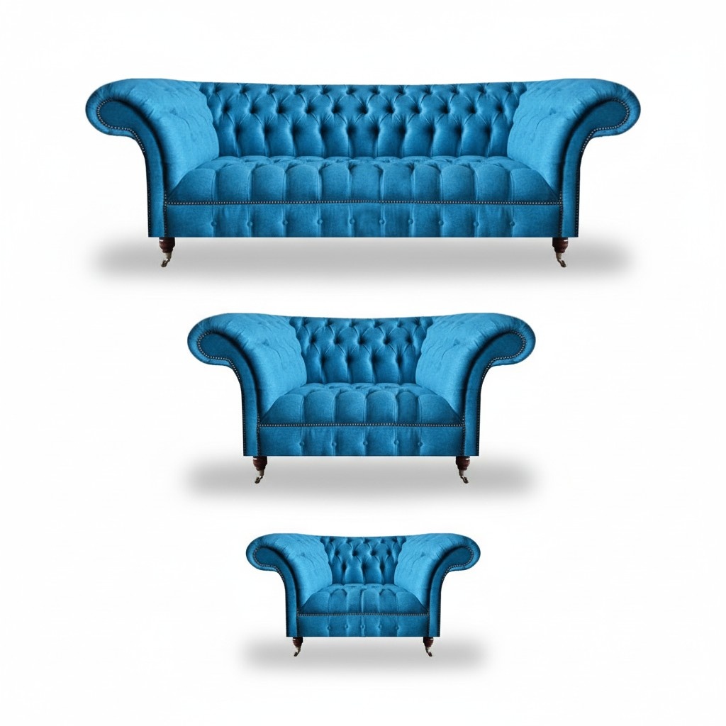 Chesterfield Light Blue Designer Upholstery Elegant 3-Seater Sofa 2-Seater 3-Piece Set