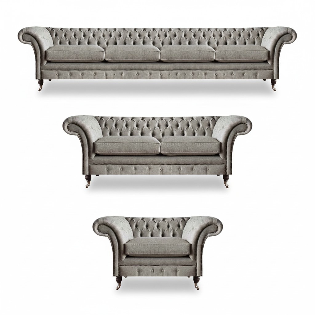 Chesterfield Light Grey Fabric Sofas Set Living Room Upholstery Furniture