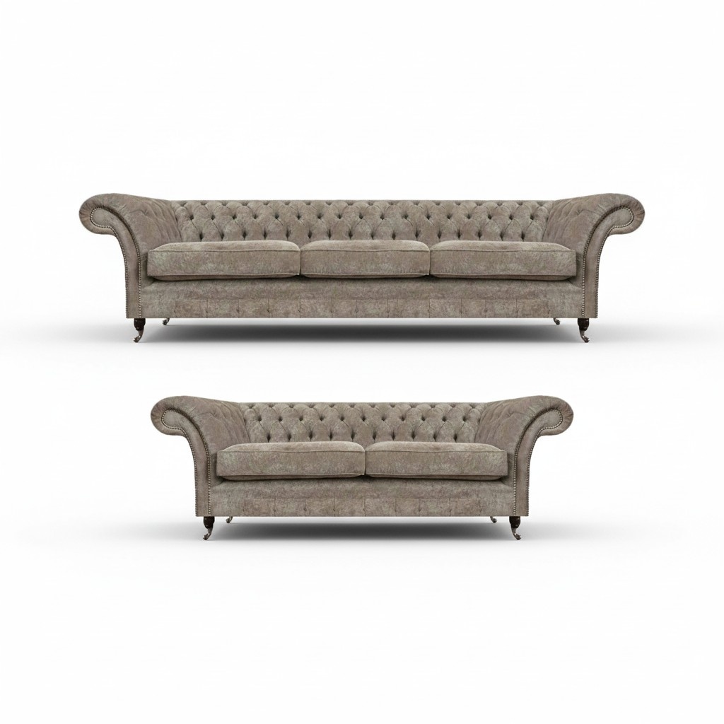 Chesterfield Light Gray Sofa Set Living Room 3-Seater Luxury Loveseat