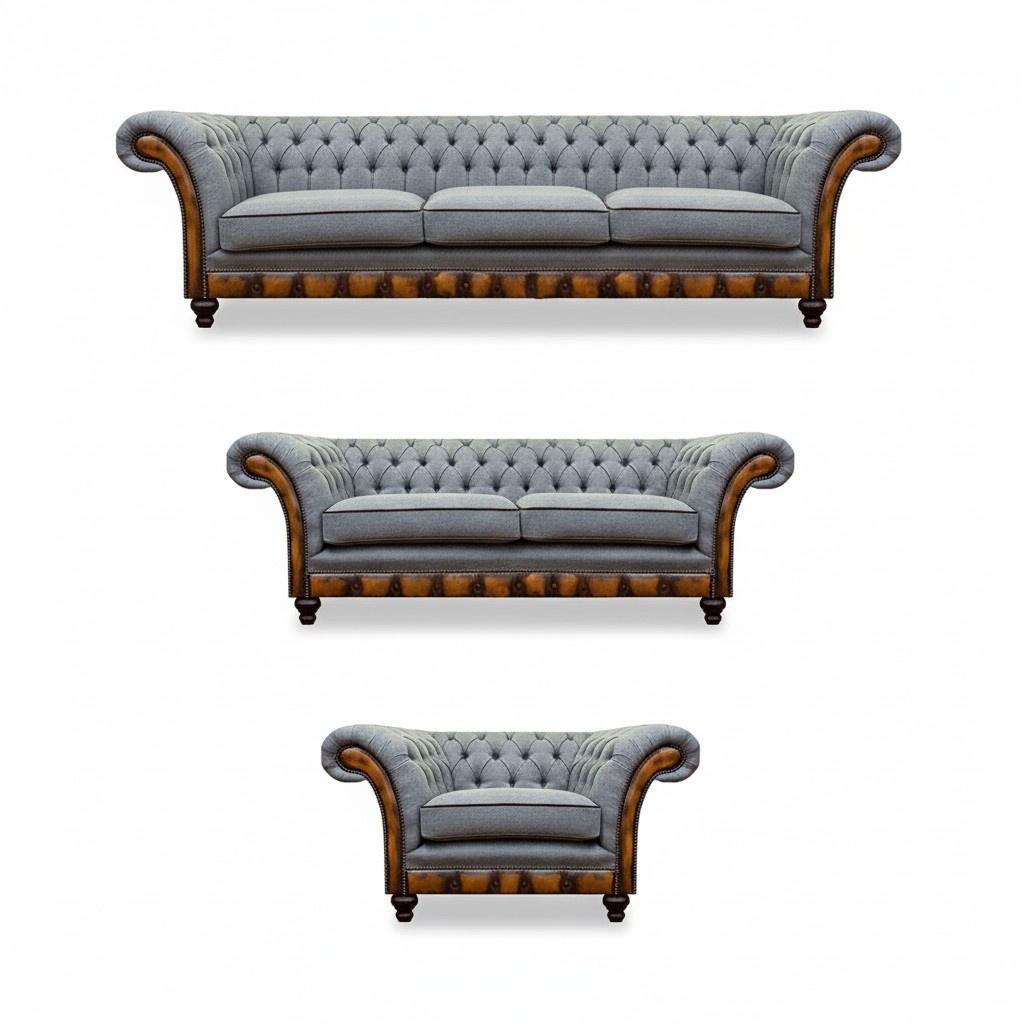Chesterfield Light Gray Upholstered Living Room Sofa Set Elegant Set