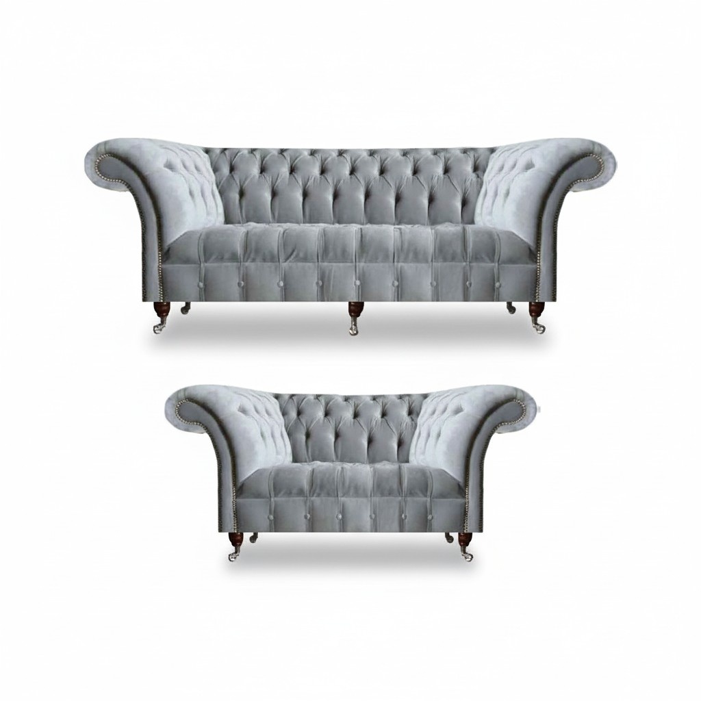 Chesterfield Light Gray Upholstered Set Designer 2x Fabric Sofas 2-piece