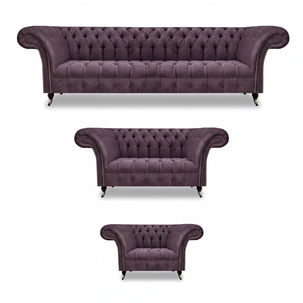 Chesterfield Lila Textile Sofas Designer Upholstered Couch 3-piece Set