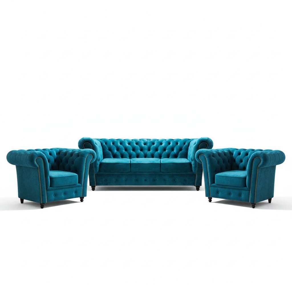 Chesterfield living room blue sofa set upholstery textile complete 3pcs 3+1+1