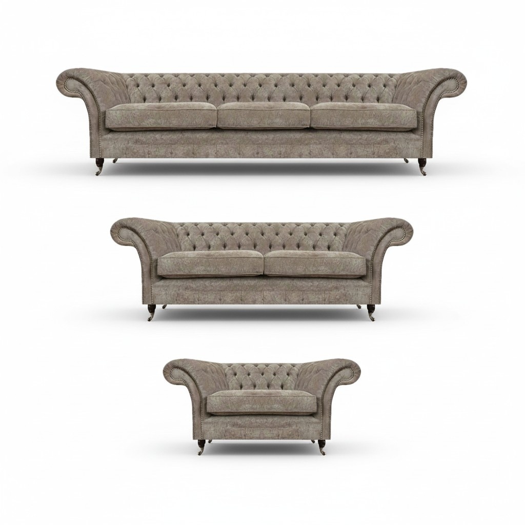 Chesterfield Living Room Gray Upholstery Set Luxury Sofas 3-piece