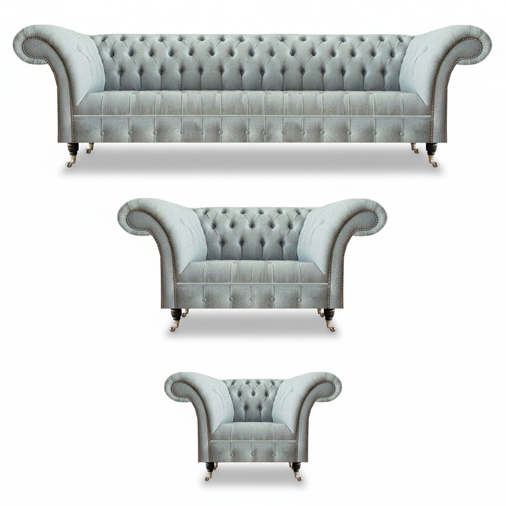 Chesterfield Living Room Set Light Gray Upholstered Sofas 3-piece Seating Set
