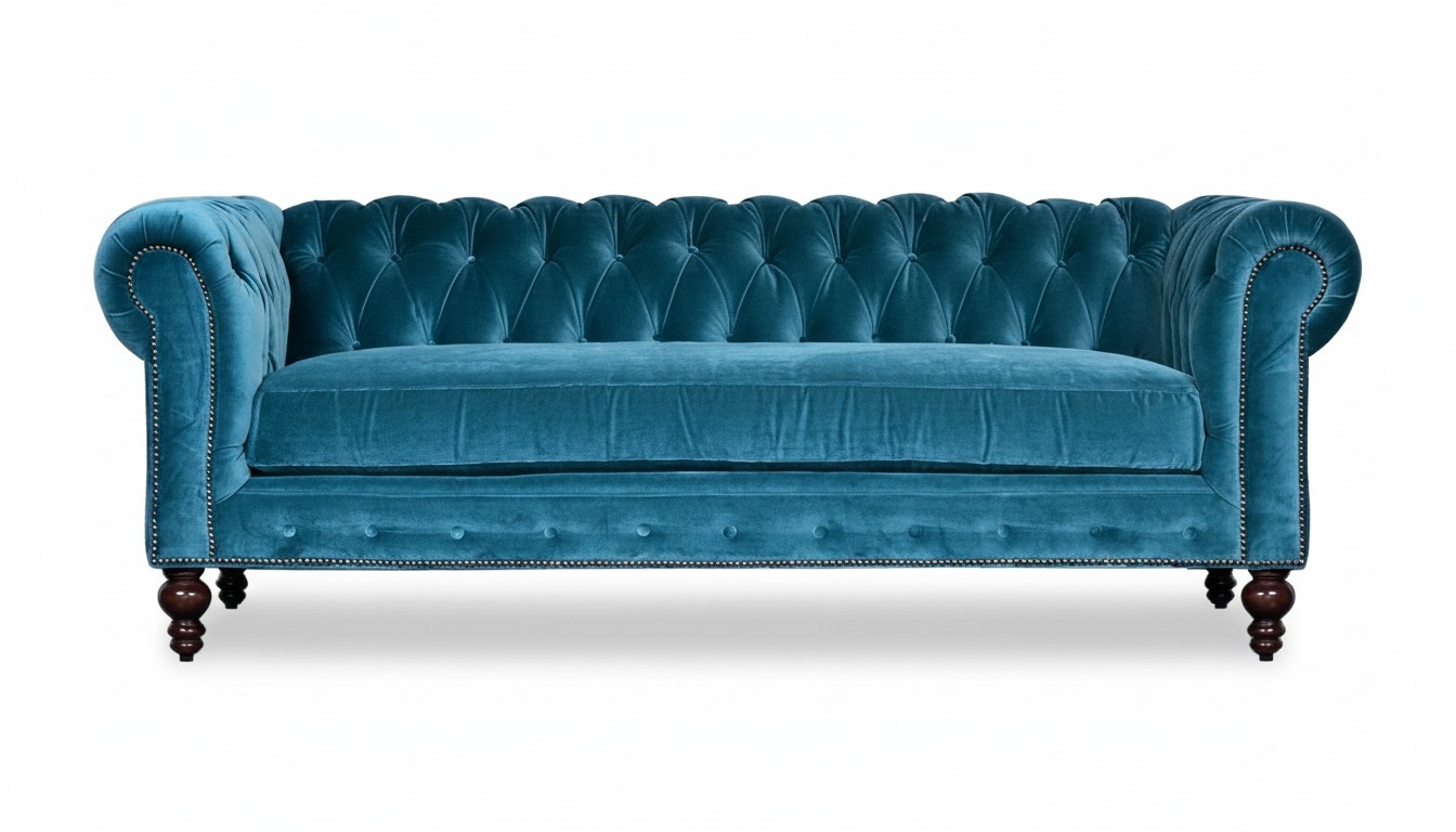 Chesterfield Living Room Velvet Couch Upholstered Seat 3-Seater Textile New Padded Ocean Blue