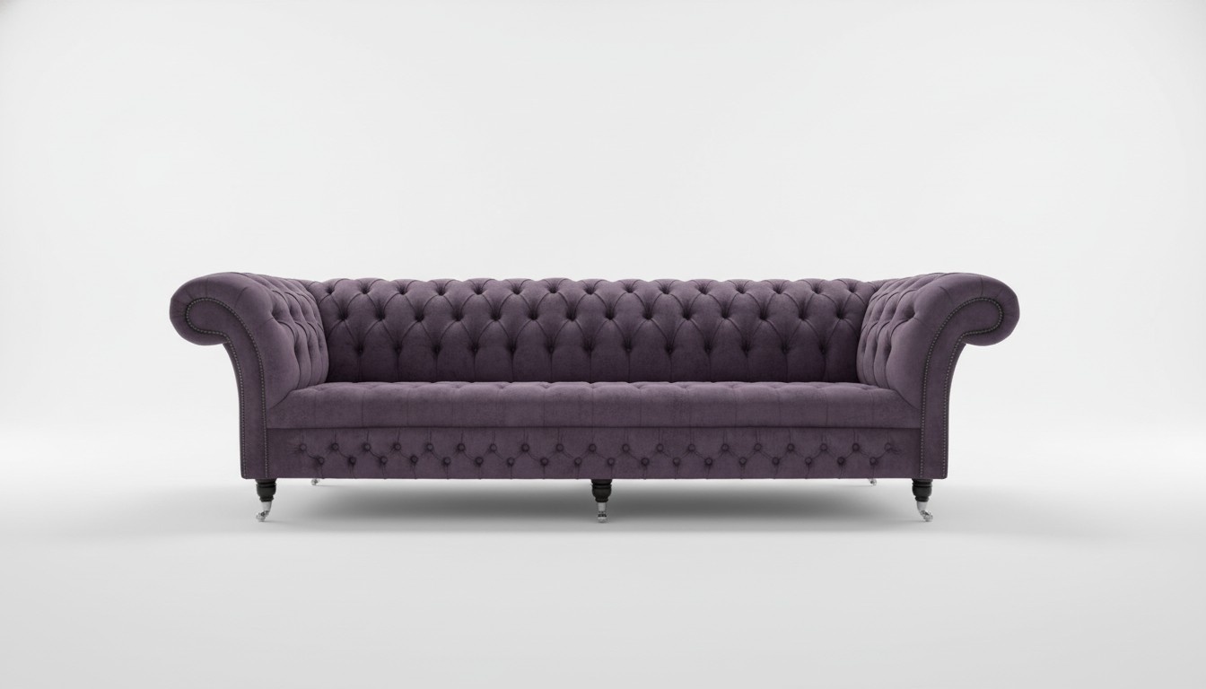 Chesterfield Sofa 4-Seater Classic Purple Upholstery With Casters Living Room Comfortable Textile Couch New