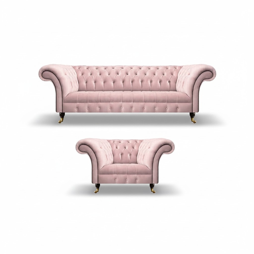 Chesterfield Pink Complete 2 Piece Three Seater Sofa Luxury Armchair Upholstered Furniture