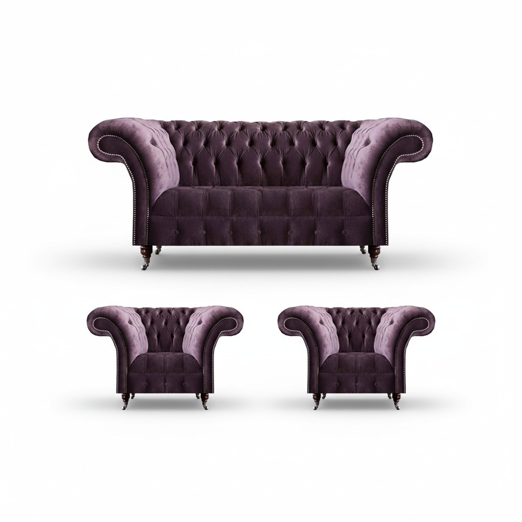 Chesterfield Lila Living Room Couch Designer 2 Armchairs 3-piece Set