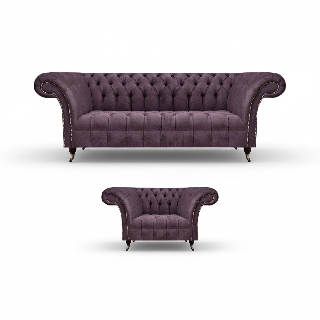 Chesterfield Lila Living Room Sofa Set Elegant 3-Seater Upholstered Armchair