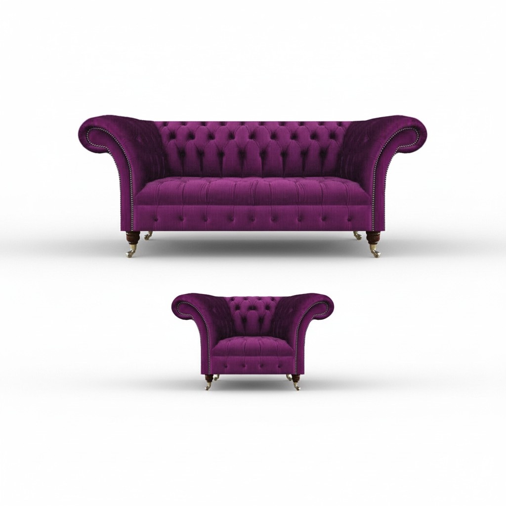Chesterfield Purple Sofa Couch Three Seats Living Room Armchair Textile Furniture Upholstery