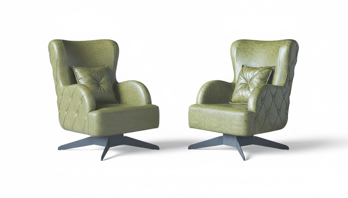 Chesterfield Set Armchair Green Upholstery Classic Stainless Steel Feet Leather Cushion