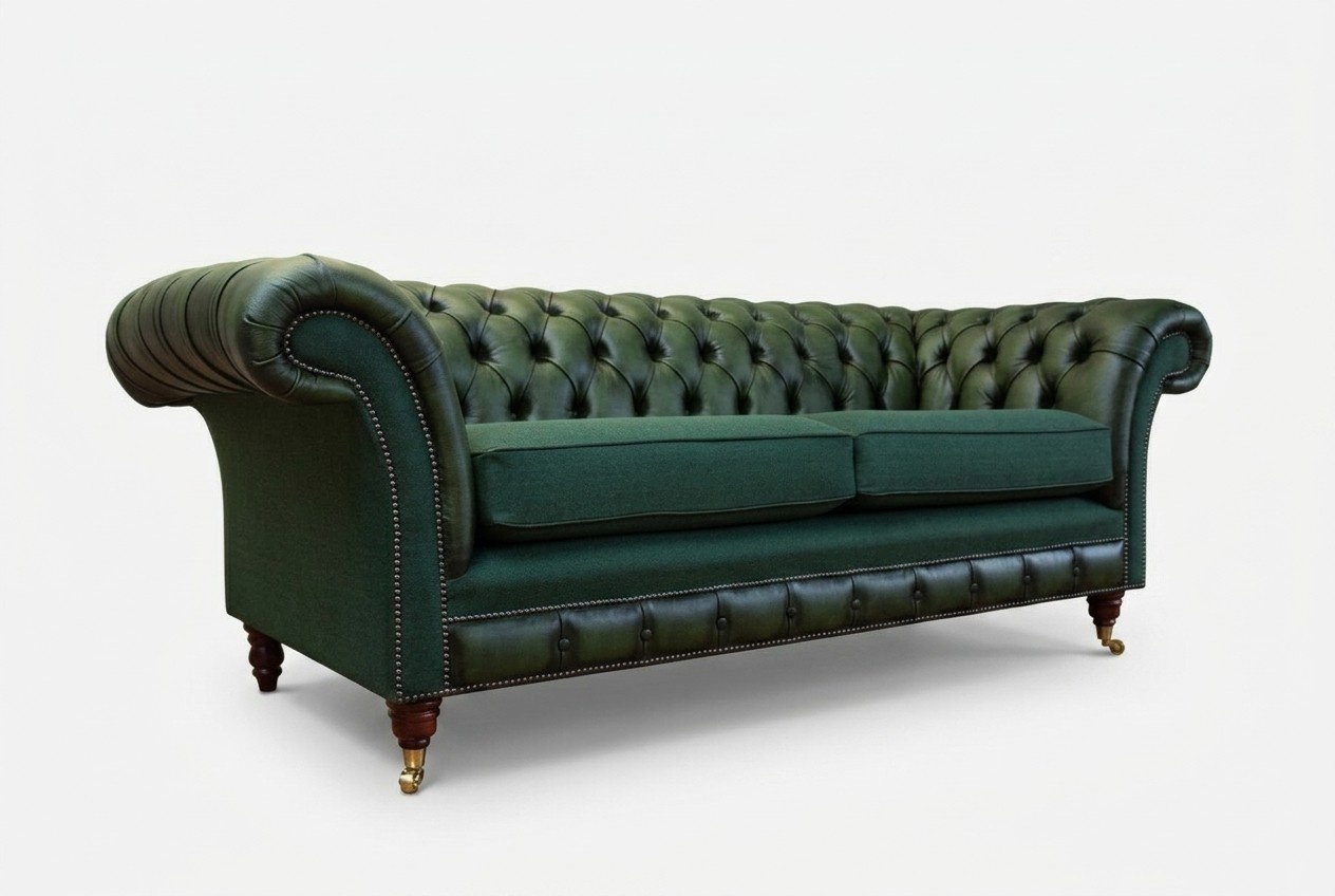 Chesterfield Sofa 3 Seater Couch Couches Green Textile Knobs England New