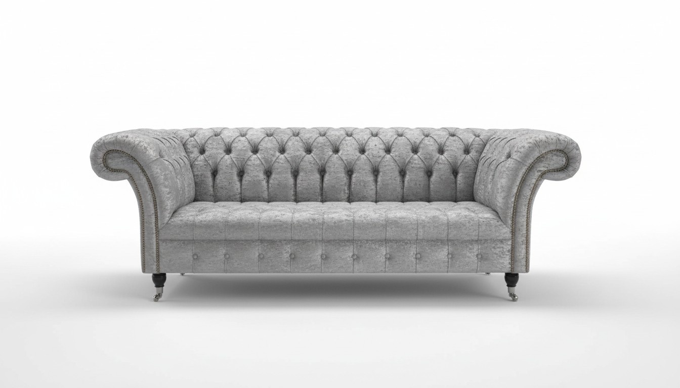 Chesterfield Sofa 3-Seater Silver Grey on Castors Textile Upholstered New Comfortable Couch