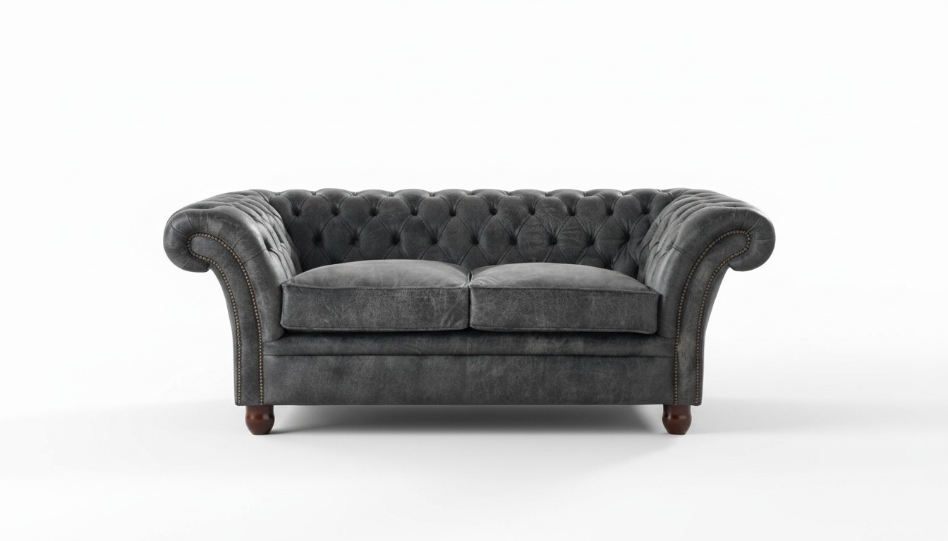 Chesterfield Classic 2-seater sofa Grey couch upholstery fabric faux leather seats with cushions