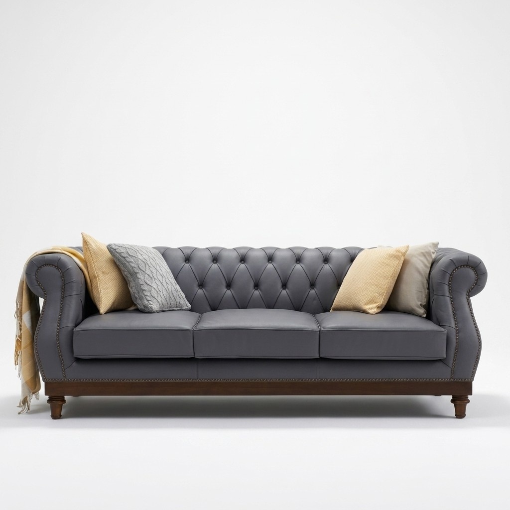 Chesterfield Modern Sofa 3-Seater New Faux Leather Upholstered Seats With Cushions Grey Colour