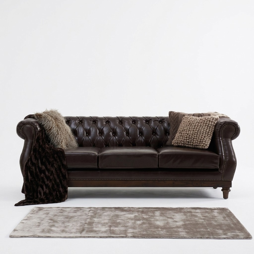 Chesterfield Sofa 3-Seater Faux Leather New With Seat Cushions Brown Colour Living Room Couch