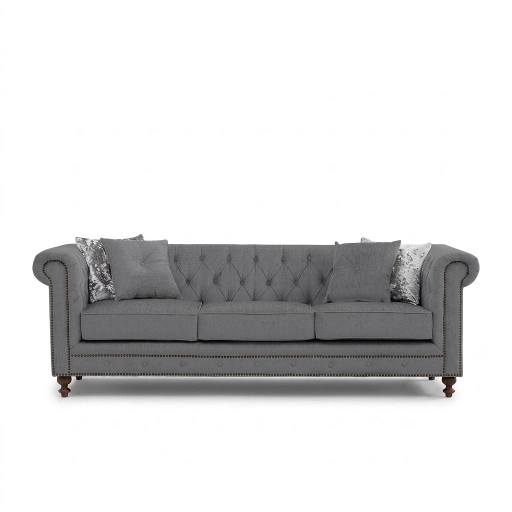 Chesterfield Sofa Grey 3-Seater Upholstered Faux Leather Living Room Couch With Cushion Pads