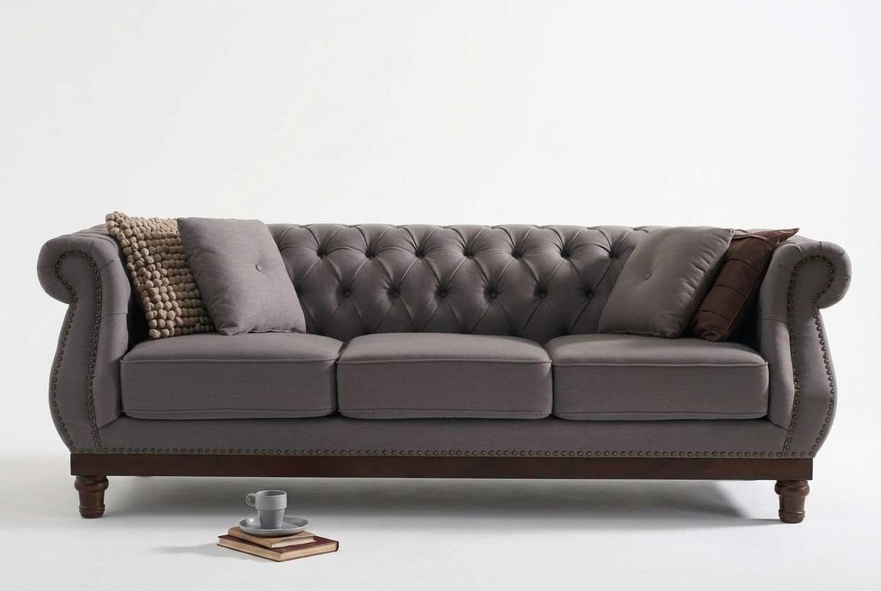 Chesterfield Sofa Classic 3-Seater New Comfortable Grey Couch with Cushions Textile Upholstered