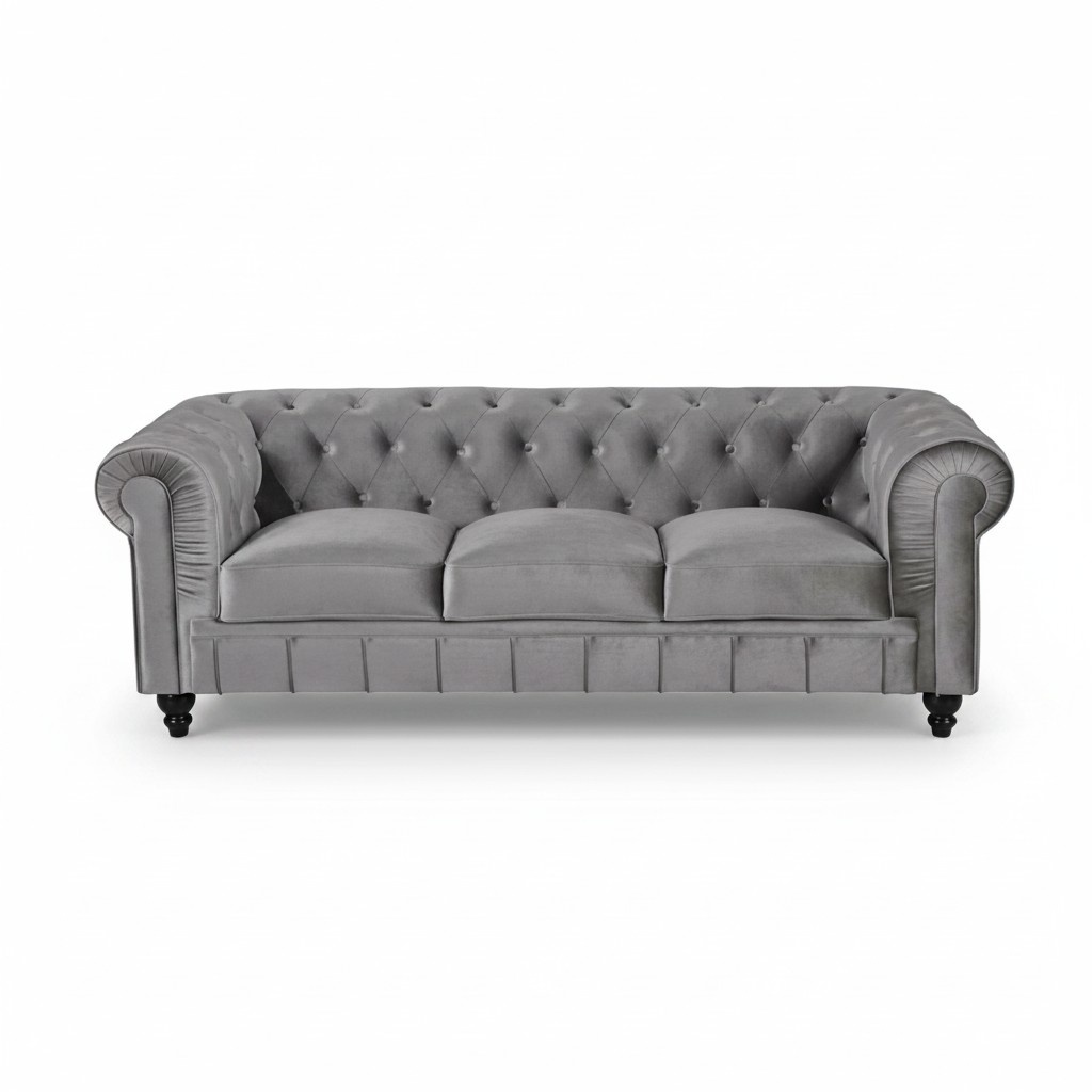 Chesterfield Upholstered Couch 3-seater New Grey Sofa with Cushions Textile Cover