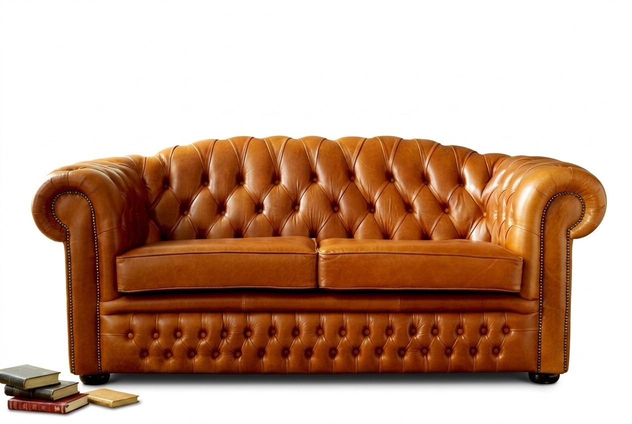 Chesterfield sofa 3-seater couch upholstery fabric faux leather brown orange with cushions