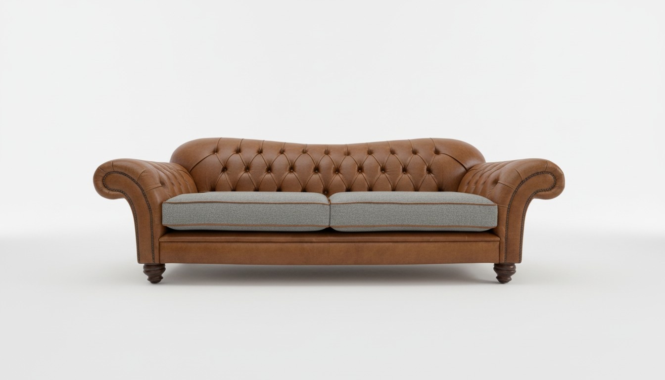 Chesterfield Sofa Classic Design 3-Seater Brown Faux Leather Comfortable With Textile Cushions New