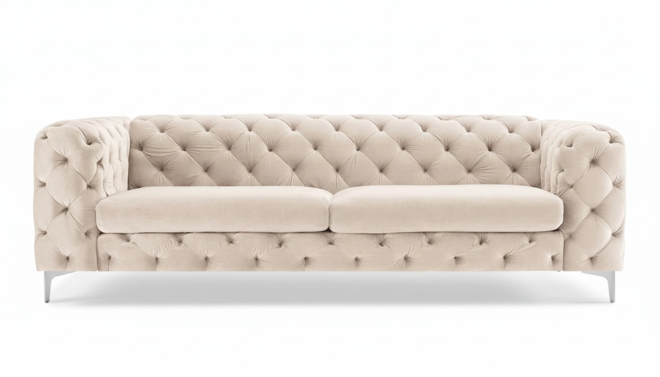 Chesterfield Sofa Furniture Textile Fabric Living Room Modern Three-Seater Beige Couch