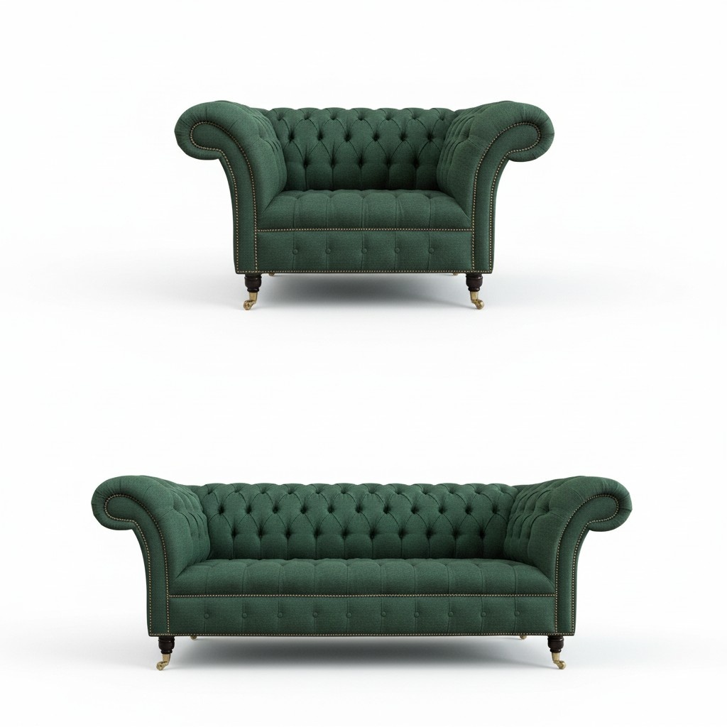 Chesterfield 2-piece Sofa Set 3+1 Seaters Green Textile Fabric Upholstered Tall Armrests with Casters New